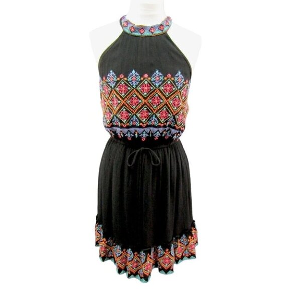 Savanna Jane Dresses & Skirts - Savanna Jane Black Embroidered Halter Mini Dress Open Back Womens Size M Boho